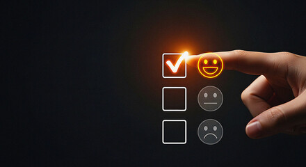 Hand Tapping Happy Face Checkbox for Maximum Customer Satisfaction Survey Response: Positive Feedback and Excellent Service Rating