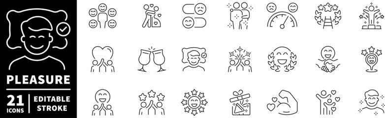 Pleasure and happiness icons set. editable line icons, outline, joy symbols