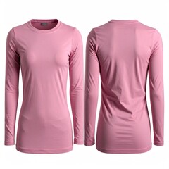 Front and back view of a pale pink long-sleeve women's t-shirt.  A smooth,  lightweight fabric is featured