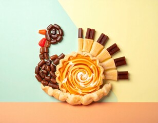 Creative Thanksgiving Turkey Dessert Pie with Candy and Pastry Feathers on Colorful Background
