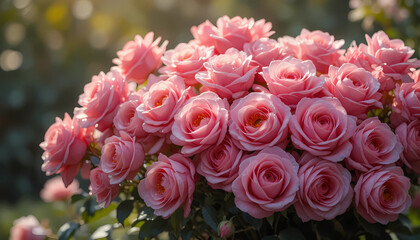 Dense bouquet of blooming pink roses with dewdrops on each petal, soft sunlight filtering through, high-detail elegant nature background.
