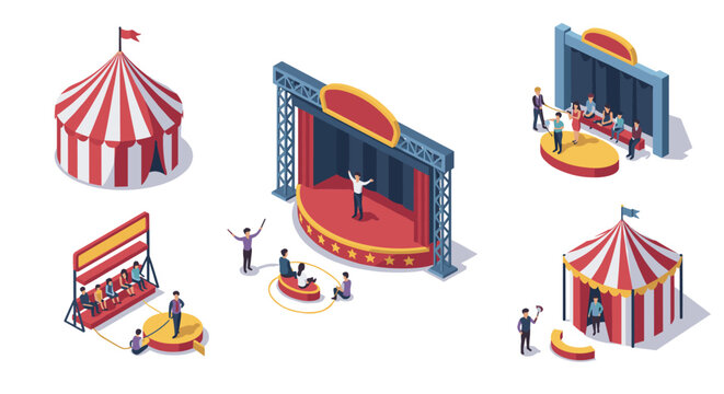 Isometric circus scene with tents, stage, and performers in a lively carnival setting
