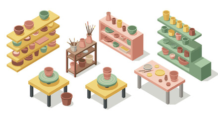 Isometric pottery studio with shelves and pottery wheels in soft pastel colors