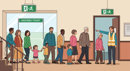 Emergency Evacuation: An illustration captures the crucial moments of an organized emergency evacuation, guiding individuals towards safety and assembling in a designated location.
