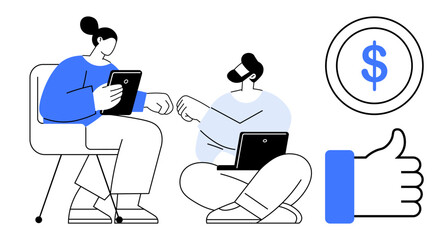 Business collaboration. Two colleagues exchanging ideas using digital devices promoting teamwork. Business collaboration enhances productivity, teamwork, and financial growth. Ideal for workplace