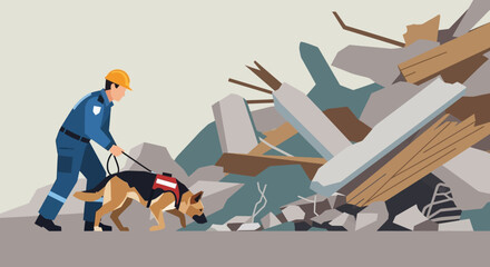 Search and rescue dog and handler working at disaster site with rubble and debris, illustrating emergency response and disaster relief efforts