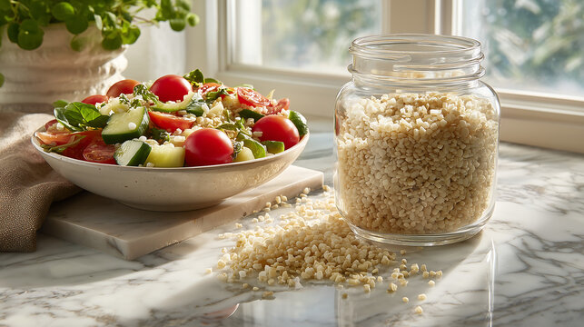 Nutritious, gluten-free African fonio grain. The composition includes a clear glass jar filled with raw fonio grains, next to a bright salad bowl with cooked fonio, cherry tomatoes, cucumbers