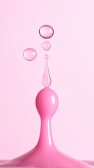 A vibrant pink water droplet splash against a pastel pink background.  A teardrop-shaped droplet rests atop a smooth, pink liquid puddle, with smaller, translucent droplets dispersed around it