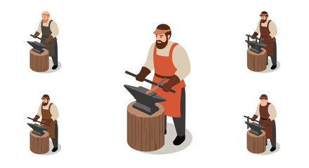 Obraz premium Isometric blacksmith characters working with anvil and hammer on white backgr…