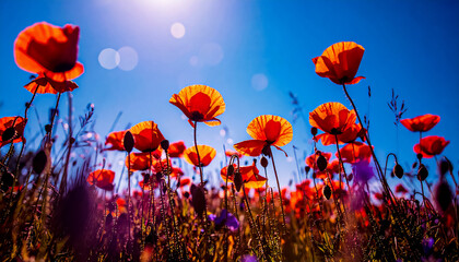 Obraz premium The stems of beautiful poppies blooming in the steppe, when viewed from below, sway in the wind, creating a sense of movement, wallpaper