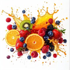 Vibrant fruit splash. Fresh fruit slices and berries in a dynamic juice splash