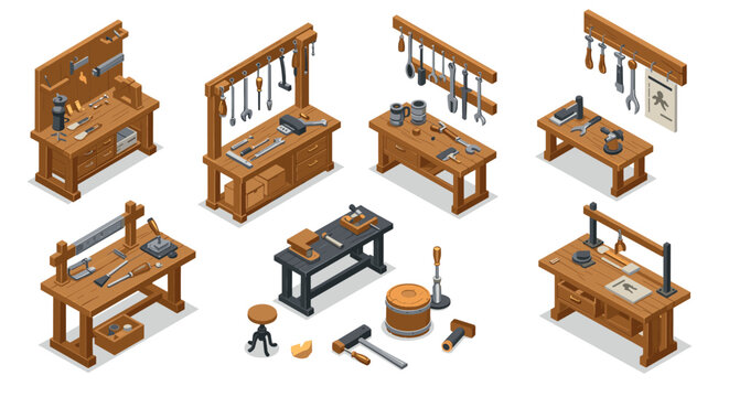 Collection of isometric woodworking workshop scenes with tools and benches - Powered by Adobe
