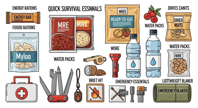 Collection quick survival essentials including energy bar, mre, water packs, first aid kit, multitool, whistle, flashlight, and emergency blanket, arranged on