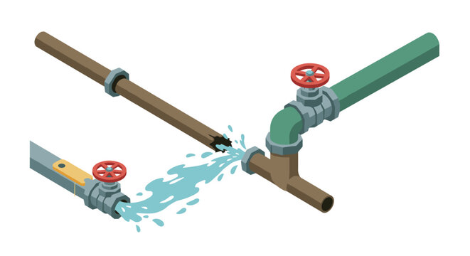 Isometric plumbing pipes with leak and valves in a 3d illustration
