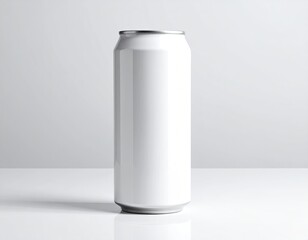 Blank white aluminum can on a light gray surface