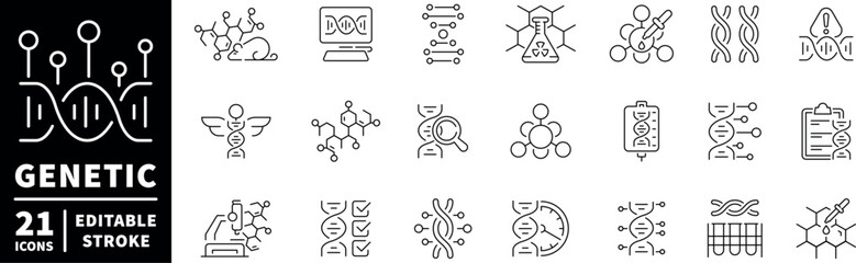 Genetic icons set. editable line icons. outline, dna, molecular symbols