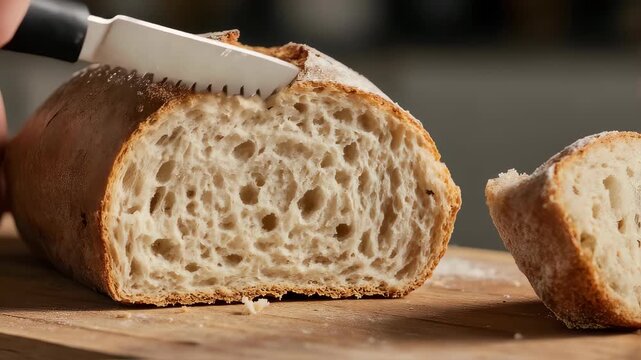 Close up of a rustic loaf of bread being sliced on a wooden board.