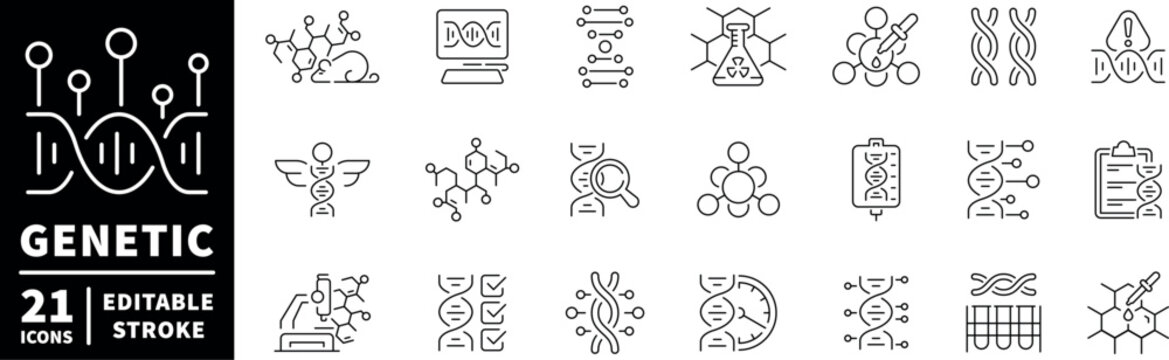 Genetic icons set. editable line icons. outline, dna, molecular symbols