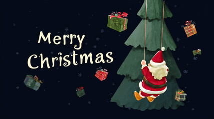 Charming holiday artwork featuring Santa swinging near a stylized tree with floating presents, creating a whimsical and lively Christmas scene ideal for festive graphics