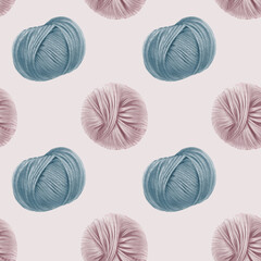 Round yarn balls in seamless pattern blue and pink colors for a gender reveal party as a symbol of a boy or girls birth .It holds the warmth and coziness of a home hearth.Watercolor illustration