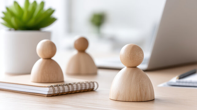 Wooden figures symbolize teamwork and leadership in corporate environment, showcasing collaboration and unity in modern workspace. scene reflects professional atmosphere