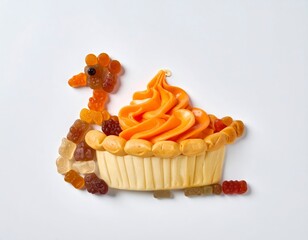 Whimsical cupcake and candy creation forming a delightful animal shape on a pristine white