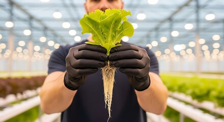 Hands in black gloves present healthy hydroponic lettuce seedling with thriving roots, showcasing modern vertical farm growth