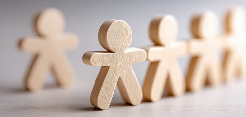 Wooden figures symbolize teamwork and leadership in corporate environment, showcasing essence of collaboration and unity in business