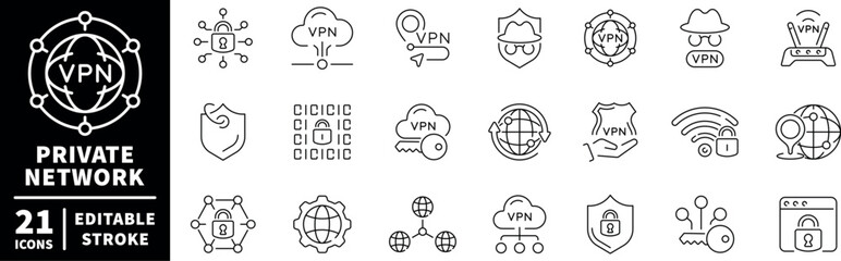 Virtual private network icons set. editable line icons, data security, privacy symbols