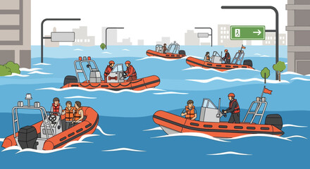 Rescue boats navigating flooded city streets during disaster, with buildings submerged and people being evacuated by emergency services