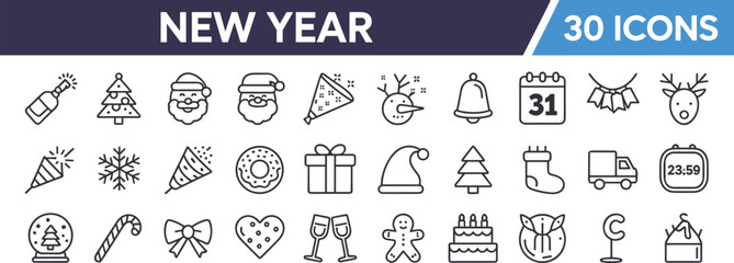 New Year Icons Set with Santa Claus and Champagne Bottle Keywords: new year, holiday