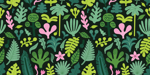 Seamless tropical jungle abstract pattern with palm tree, leaves, flowers. Summer texture. Vector illustration. Black background.