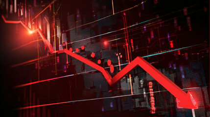 Digital financial graphic showing a falling trend line, symbolizing market decline, investment risk, economic instability and negative performance