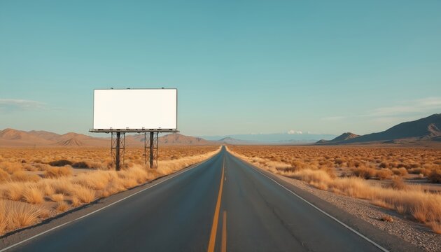 Large blank billboard on side of desolate desert highway. Road stretches to horizon under clear sky. Dry grass and distant mountains surround empty ad space. - Powered by Adobe