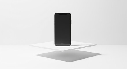 Minimalist smartphone mock-up on white platform with soft shadow
