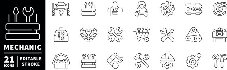 Mechanic icons set. editable line icons, tools, automotive maintenance graphics