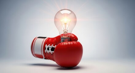 Red boxing glove rests on a stool in a dimly lit gym with light streaming through a window