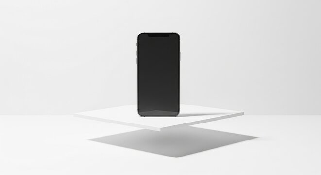 Minimalist smartphone mock-up on white platform with soft shadow