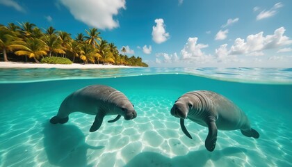 Two manatees swim in clear shallow water near tropical beach with palm trees under bright blue sky. Marine mammals glide gently through sunlit turquoise ocean waves, enjoying peaceful coexistence