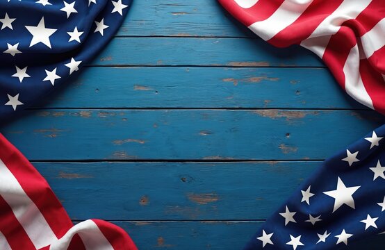American flag corners frame rustic blue wood table surface. Stars and stripes wave gently, suggesting national pride and holidays like Fourth of July or Memorial Day.
