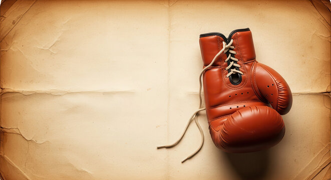 Vintage boxing gloves resting on a wooden shelf next to a lush green plant