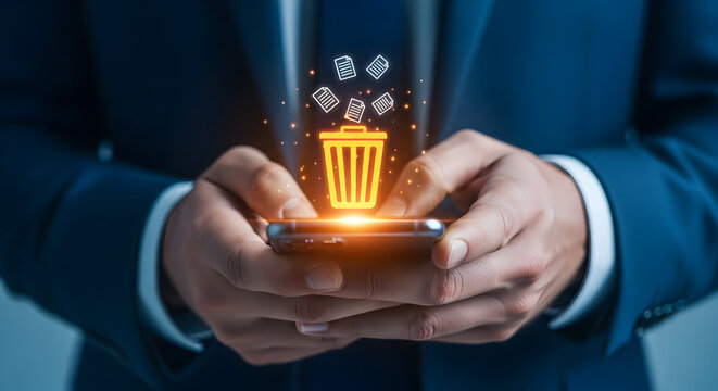 A man in a suit uses his smartphone to delete unwanted files, illustrating data management, privacy, and digital decluttering in the modern age.