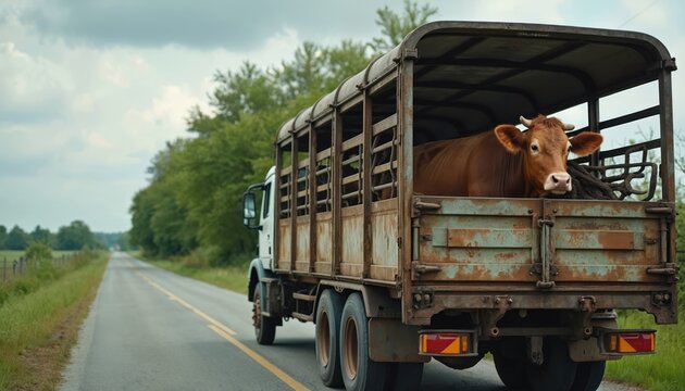 Brown cow travels in rusty livestock truck on country road. Animal transportation for agriculture or butcher. Farm mammal moving on highway.