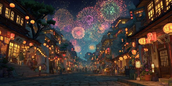 Festive Fireworks: An enchanting night scene in a lantern-lit Asian town during a vibrant celebration. - Powered by Adobe