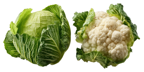 A head of cabbage and a cauliflower, both with their leaves surrounding the edible florets