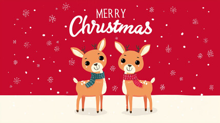 Fototapeta premium Cute illustration of Christmas reindeer characters on a red background with Merry Christmas text, representing holiday joy, festive design and winter celebration themes.