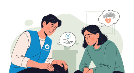Caring person in blue vest offers support and listening ear to distressed individual, symbolizing mental health support and empathy