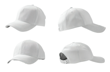 Four views of a plain, white baseball cap, isolated on a black background, with no embellishments