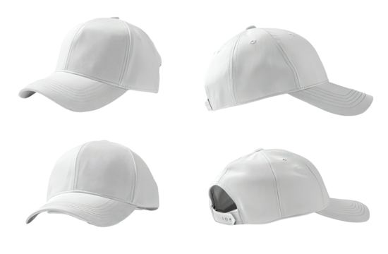 Four views of a plain, white baseball cap, isolated on a black background, with no embellishments