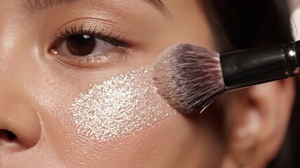 Woman applying glittery eyeshadow to eyelids in extreme closeup macro shot. Beauty makeup process for cosmetic product advertising footage.